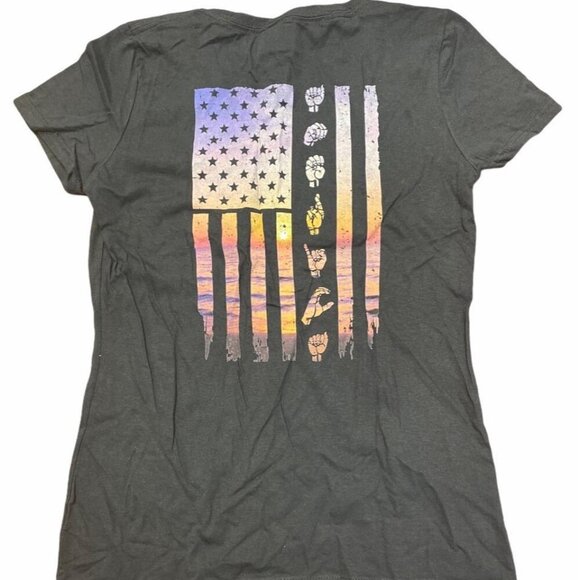 Fruit Of The Loom Women's Black T-Shirt Small American Flag Sign Language Cotton - Picture 1 of 6
